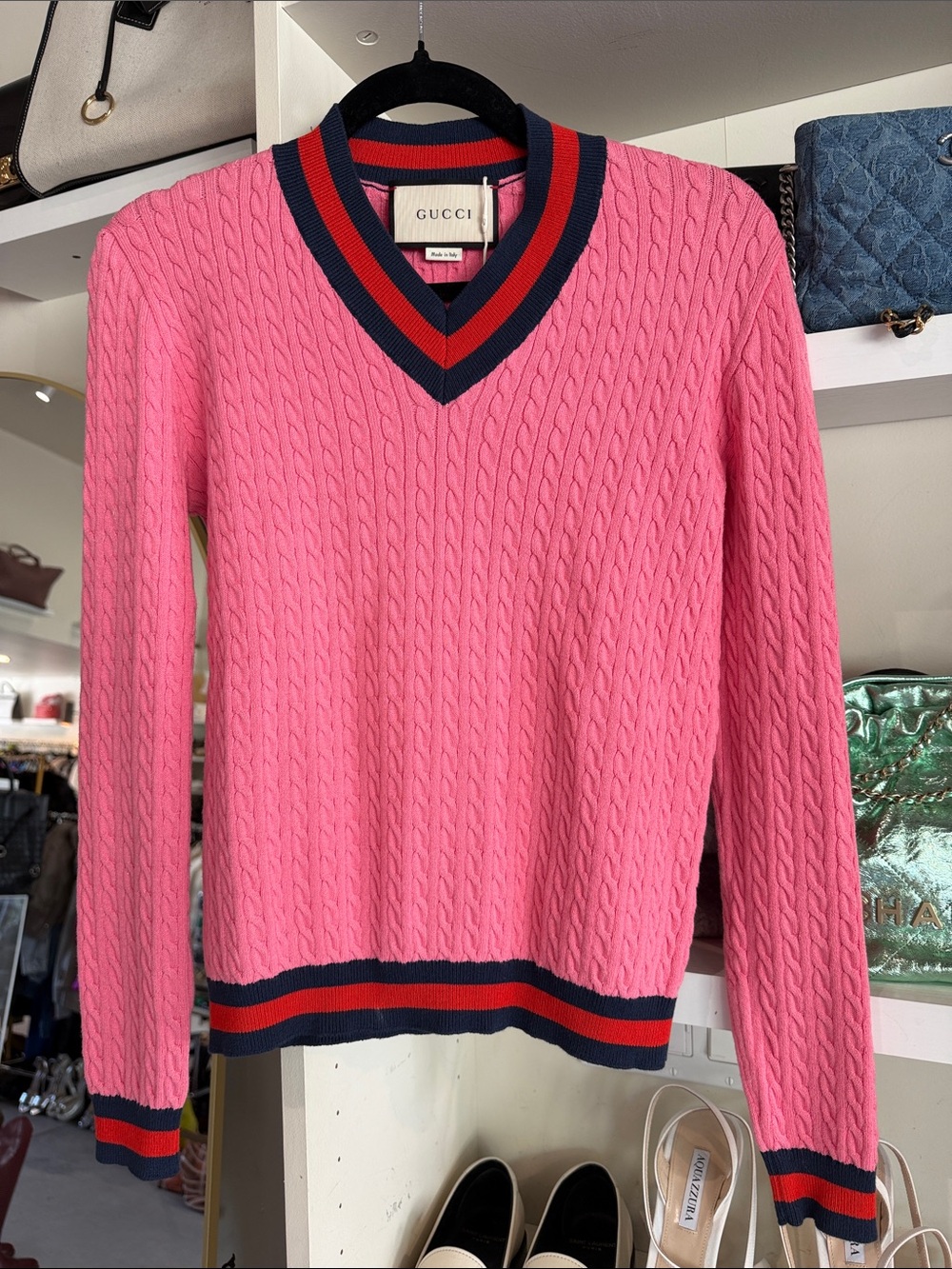 Gucci Pink Cable-Knit V-Neck Sweater with Navy and Red Trim